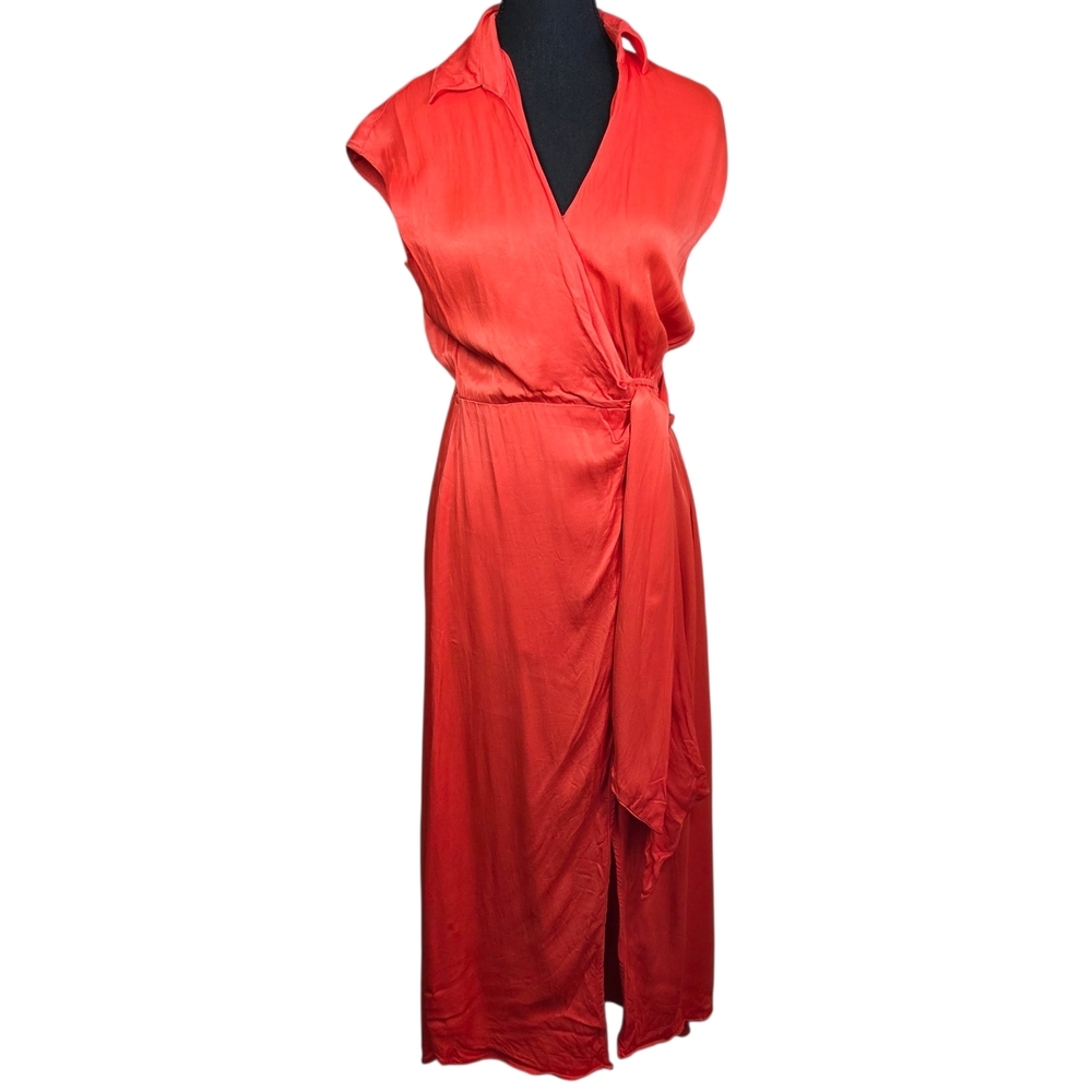 Maeve Wrap Style Dress With Classic Collar And Open Back In Vibrant Orange